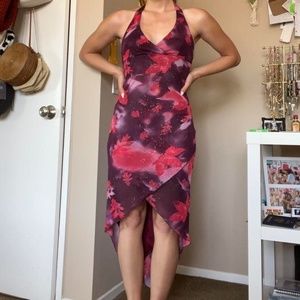 Gorgeous Sparkly Deep Purple Halter Dress with Pink Leaves